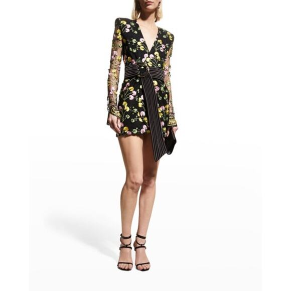Zhivago In The Garden Floral Mesh Wrap Mini Dress black pink yellow size US 2 - Picture 14 of 15